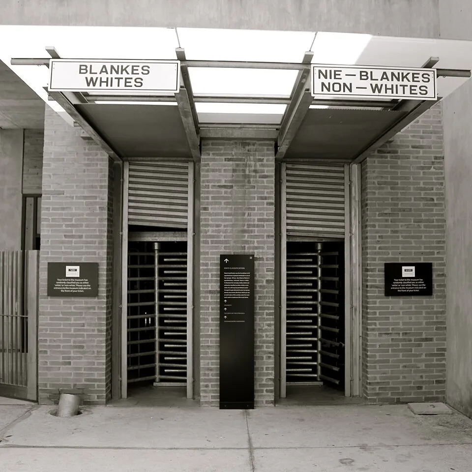 Apartheid museum entrance with Whites and Non-Whites signs